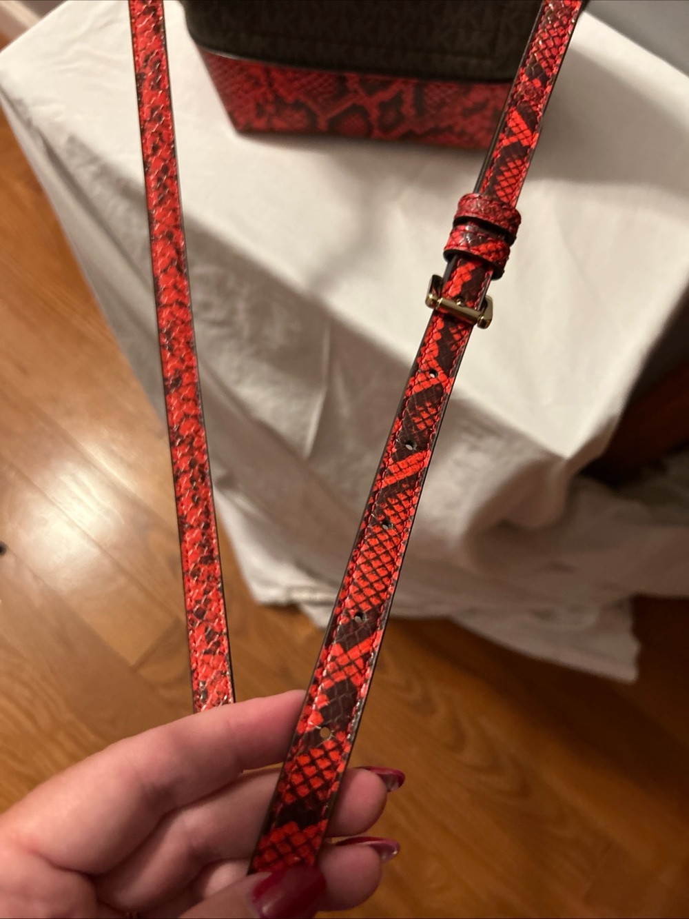 Michael Kors Emilia Small Bucket Bag Brown and Red Snake-Trim w/Belt Style Strap - Picture 7 of 9